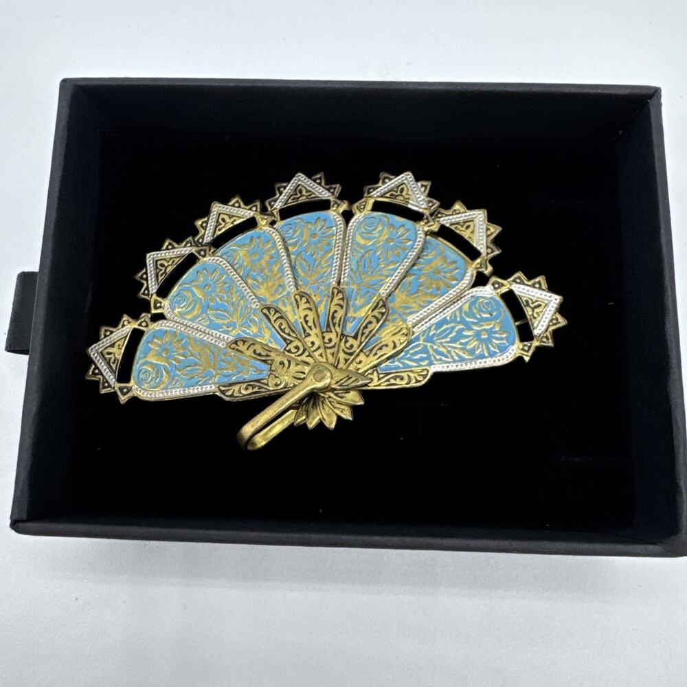Vintage Spanish Damascene Blue Enamel Articulated Fan Brooch Pin